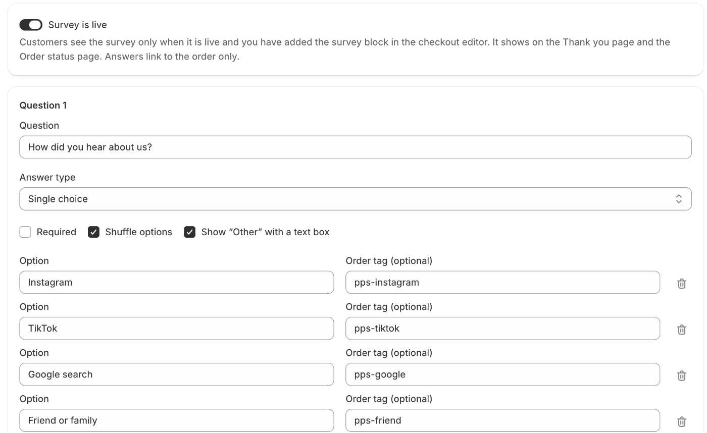 Survey editor with shuffled options for “How did you hear about us?” and an order tag for each option.
