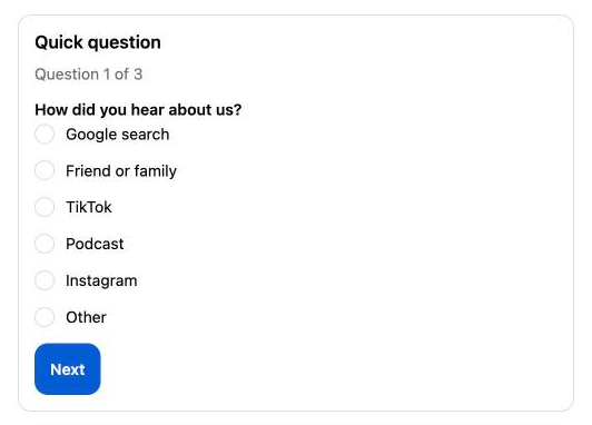 A one-question survey on a Shopify Thank you page asking “How did you hear about us?” with six options.